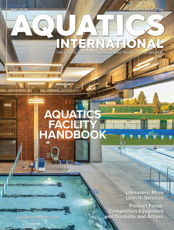 “Cover of Aquatics International magazine, May 2026 issue. The image shows an indoor swimming facility with a pool in the foreground and large windows revealing an outdoor pool and seating area. Text reads ‘Aquatics Facility Handbook.’ Additional headings include ‘Lifesavers: More Lean In‑Services’ and ‘Product Focus: Competition Equipment and Disability and Access.’ The Aquatics International title appears at the top.