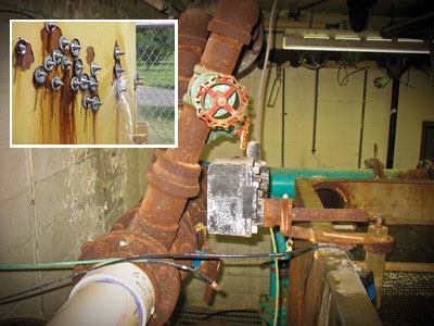 These images show the damaging effects

of corrosion: steel piping in filter room (right); corroded steel

filter with patches and active leak (inset).
