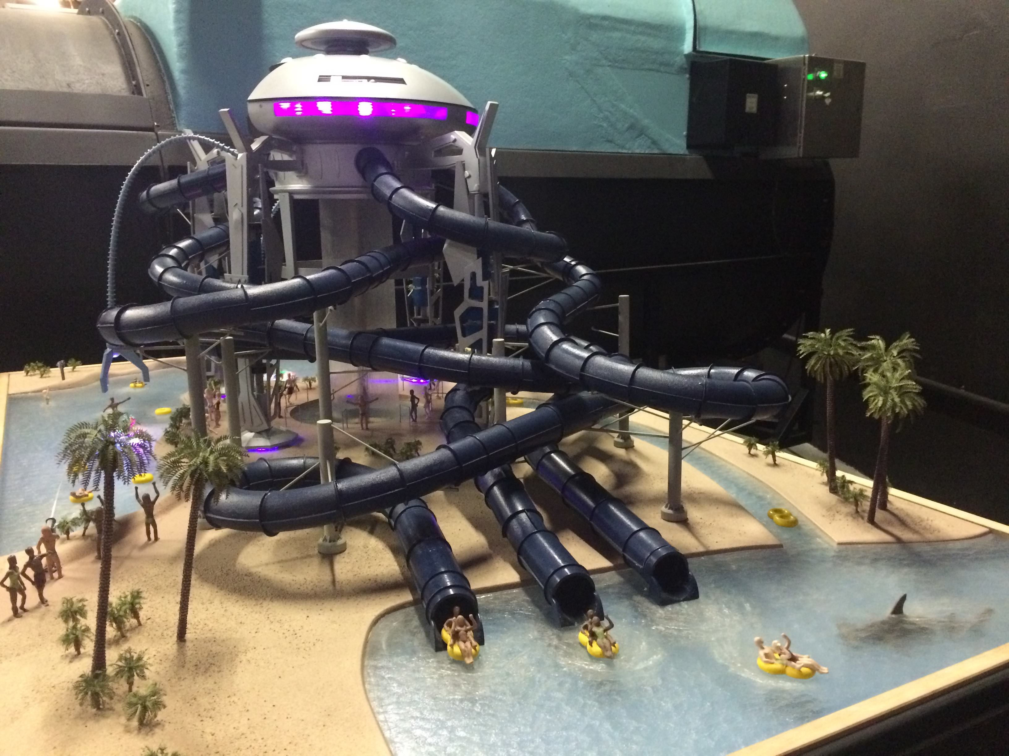 This scale model of SplashTacular's spaceship waterslide concept shows potential for otherworldly waterpark fun.