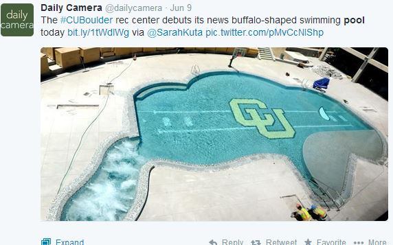 Talk about school pride. The University of Colorado Boulder honored its mascot Ralphie with this buffalo-shaped pool complete with a hot tub for a tail, and we get to catch a glimpse thanks to @dailycamera. #AISwimSocial