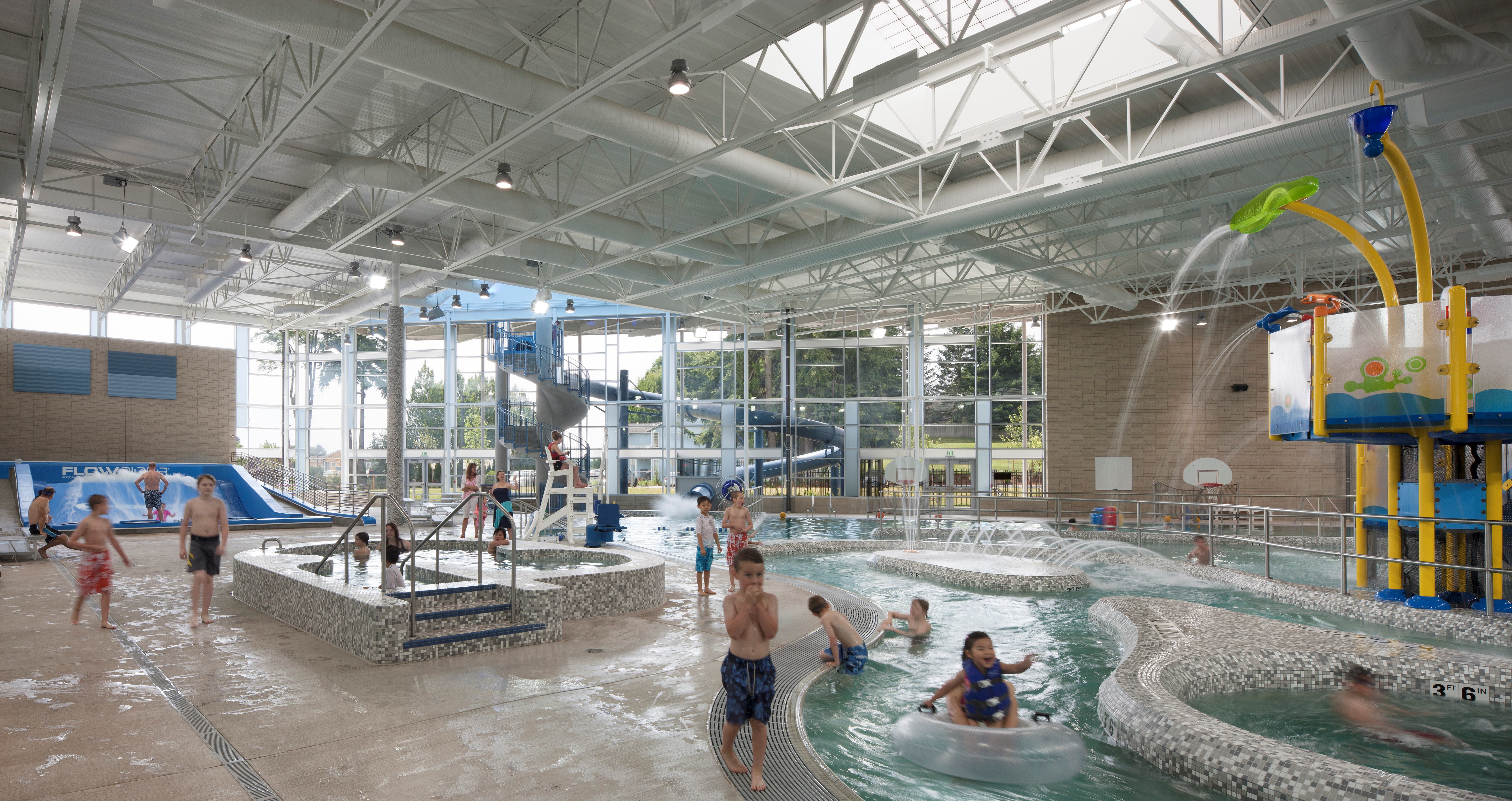 The recreation pool also contains a lazy river, water slide, therapy whirlpool and diving well. Floor-to-ceiling windows maximize daylight and the view of the outside environment.