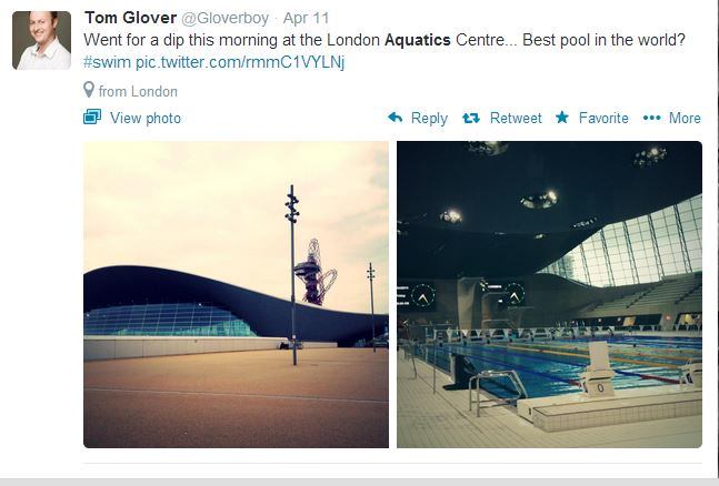 @Gloverboy is enjoying the new digs at the 
newly re-opened London Aquatics Centre, but he isn't the only one. Olympic bronze medalist Tom Daley just 
launched&nbsp;his diving academy there in hopes of utilizing the venue of the 2012 Summer Olympics to track down new talent. It seems like this should be an easy task to accomplish given the warm welcome the venue has received from the public thus far. #AISwimSocial