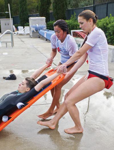 Extraction from the pool using a backboard (right) is a complex skill requiring lots of practice.