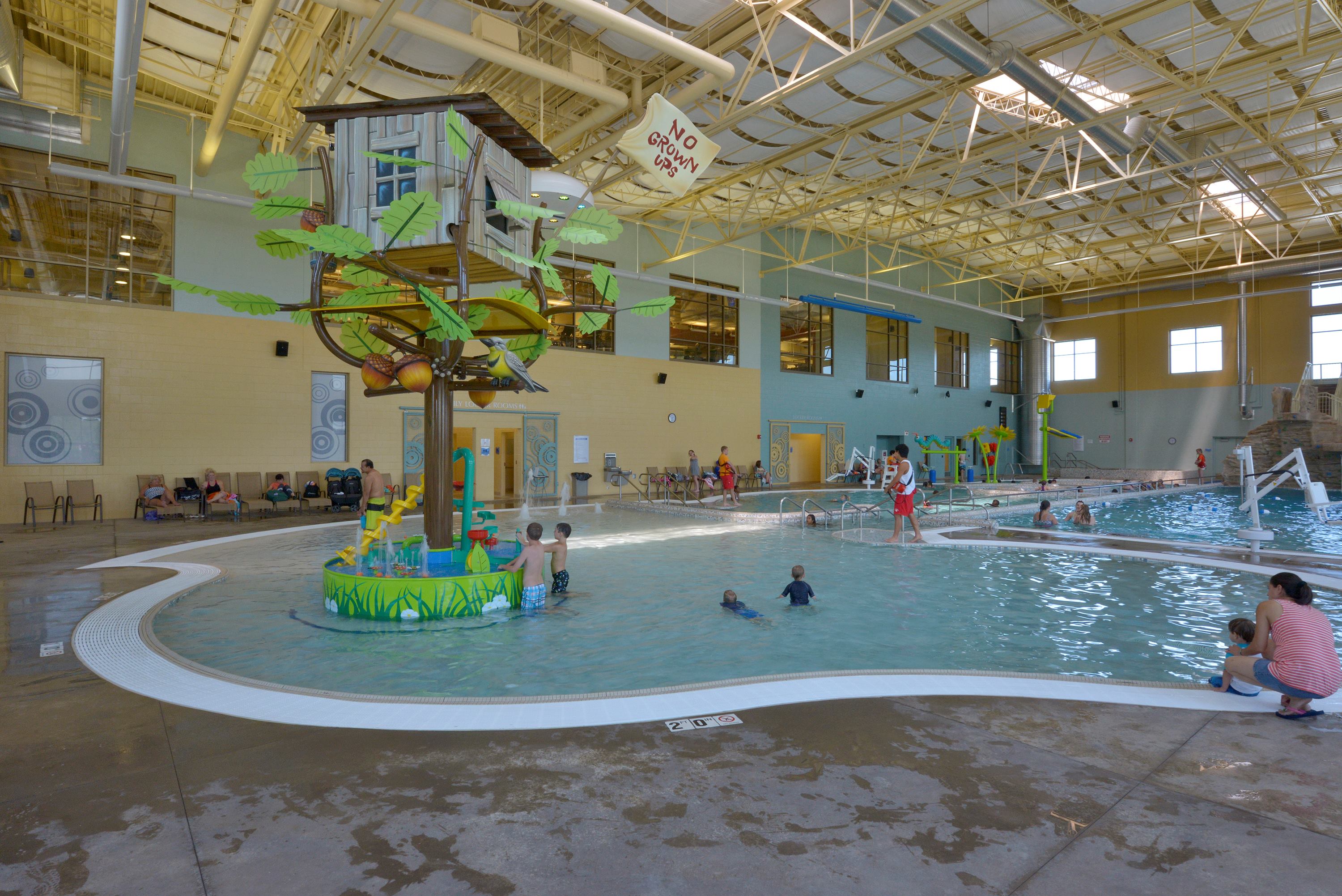 At the base of the treehouse sits an interactive water table, which encourages learning and group play. The treehouse top functions as a dumping device.