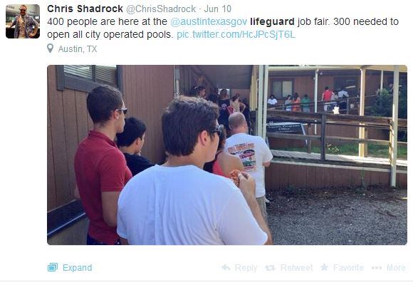 Several states, including Texas, are grappling this season with a 
lifeguard shortage, but in Austin, where 
half of its 33 pools will remain closed until 300 recruits are hired, it may not be a problem for long. As area reporter/photo journalist 
@ChrisShadrock&nbsp;noted, more than 400 applicants showed up for the 
@austintexasgov&nbsp;job fair earlier this month. Hopefully they find the right (and qualified) individuals to fill the positions. #AISwimSocial