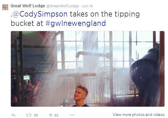 When Australian pop star Cody Simpson showed up at 
@GreatWolfLodge&nbsp;for some good old fashioned fun, the resort couldn't help but share its excitement via Twitter. We're sure the young girls were swooning over the up-and-coming singer, and the publicity certainly can't hurt, either! #AISwimSocial