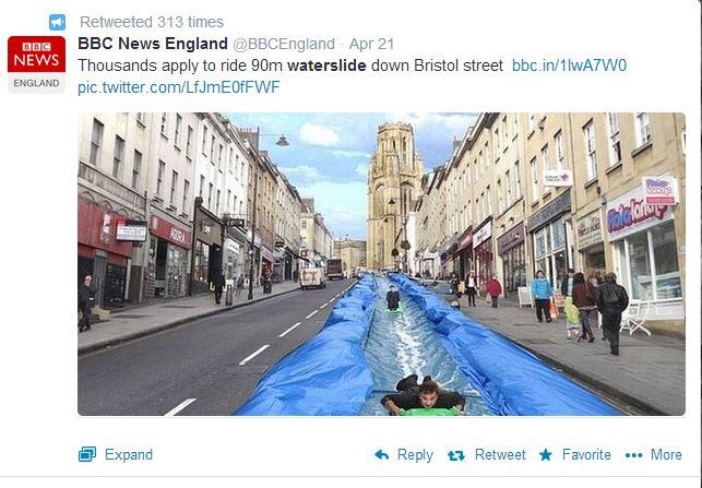 From the looks of this photo shared by 
@BBCEngland, the region is ripe for a new waterpark. In fact, 
more than 100,000 have applied to slide down the street, an event that would be funded by cash already raised on a crowd-funding website. Any developers out there willing to take on the challenge of bringing a more enhanced experience to the Bristol, England, area? #AISwimSocial