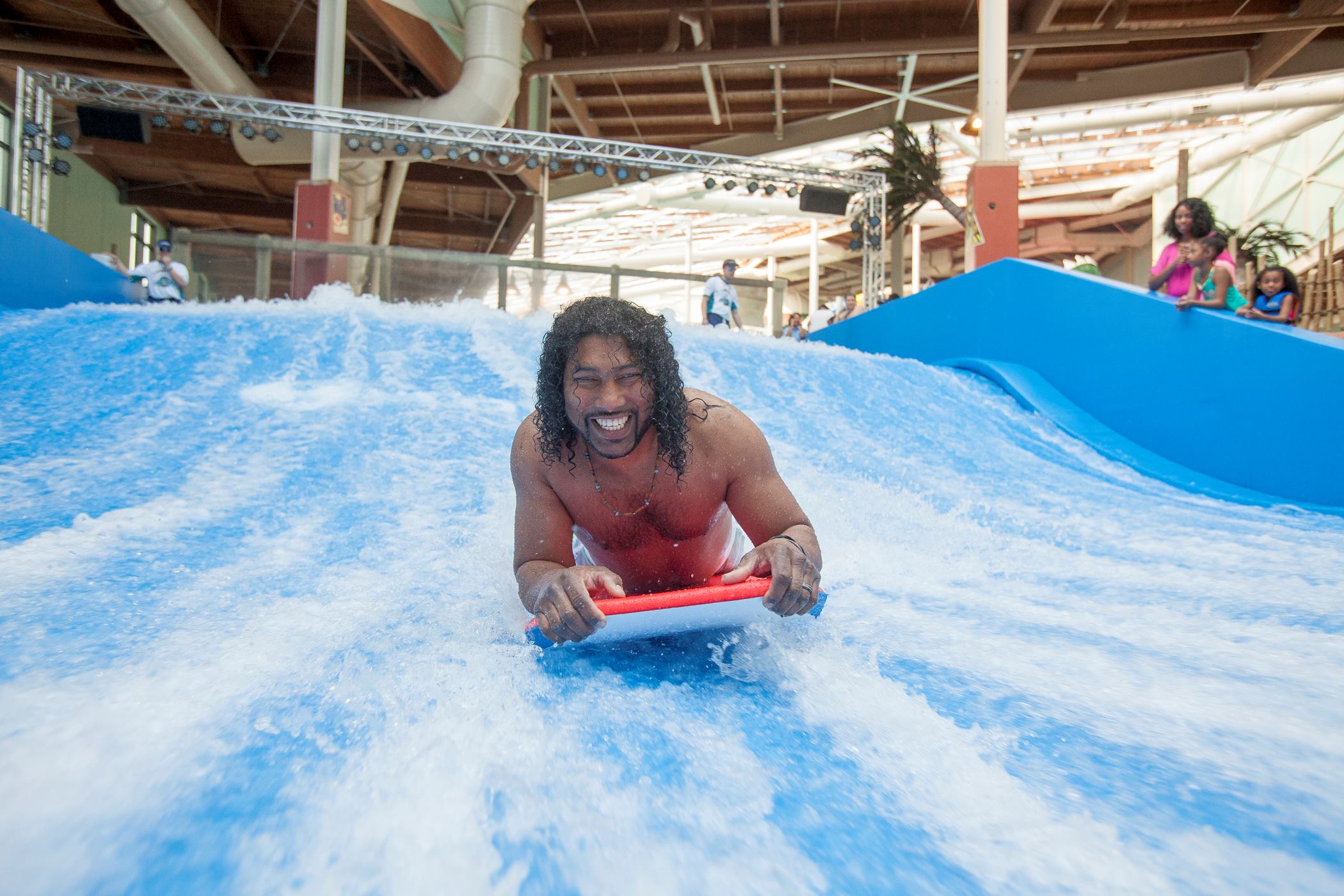 The Bombora Double FlowRider carries an Australian-surfing theme, while the Great Kanagawa Wave Pool depicts a mountain avalanche that causes the high waves.