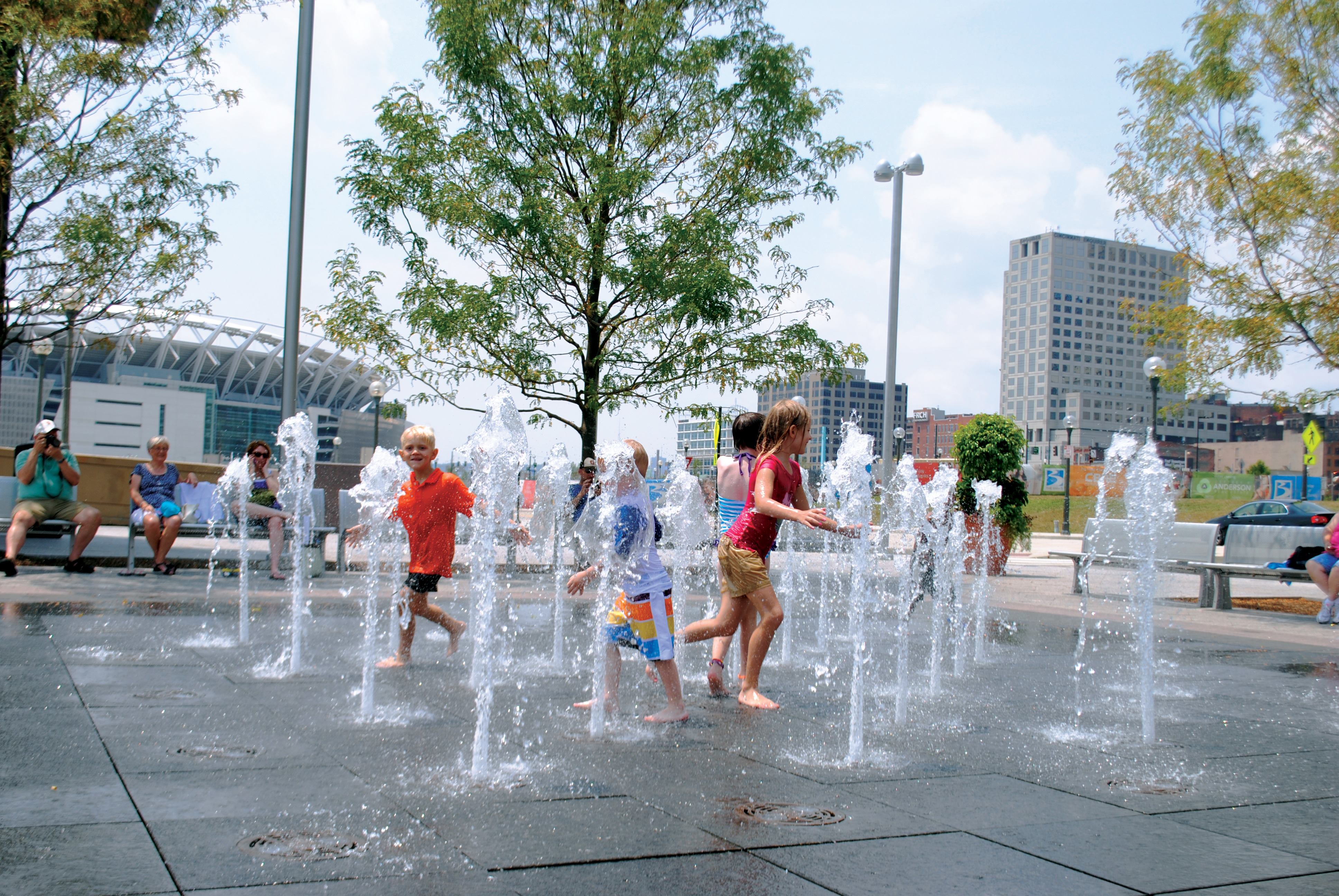 The interactive waterfeatures are equipped with deck-level vertical spray nozzles that have LED lighting to entertain child visitors.