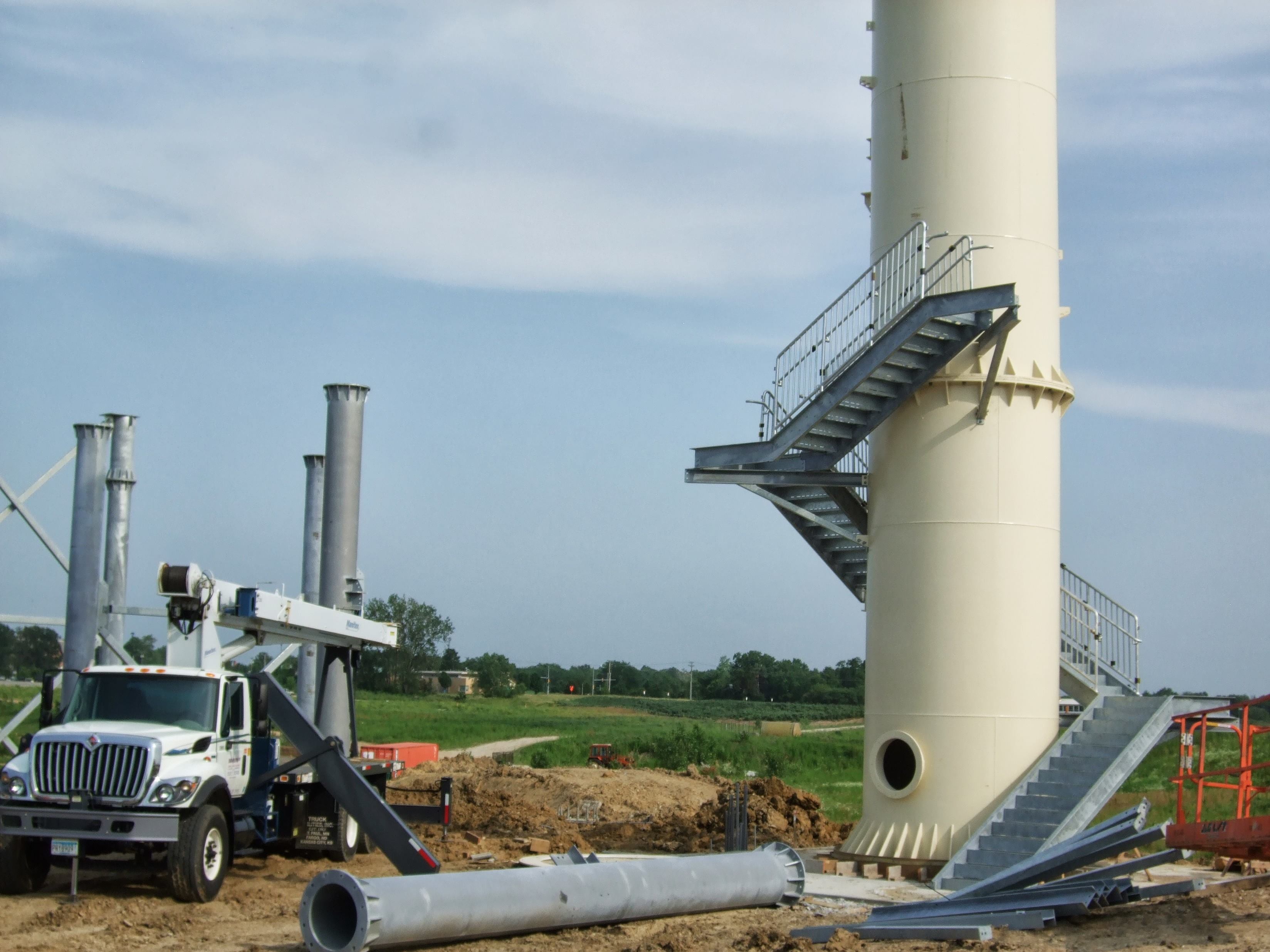 Portions of the 264 steps leading up to the top platform are put in place.