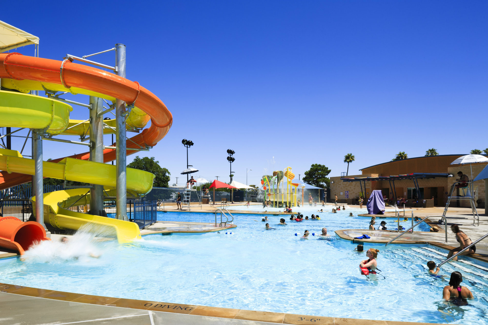 Aesthetic tie-in: Colors for the facility were chosen to create a vibrant feel while connecting with the natural surroundings. The splash pool features a constant 3-1/2-foot depth and is home to two tube slides sloping down from a single tower.