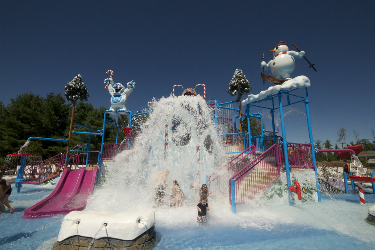 The centerpiece of Ho Ho H20 is an AquaPlay AP1050 from WhiteWater. Many of the ideas for a North Pole-inspired play structure were developed in-house at Santa’s Village, with WhiteWater contributing to the overall design. There are plenty whimsical touches: A snowman slaloming off the roof; polar bears armed with snowballs; and a not-so-ferocious yeti named Snog. 