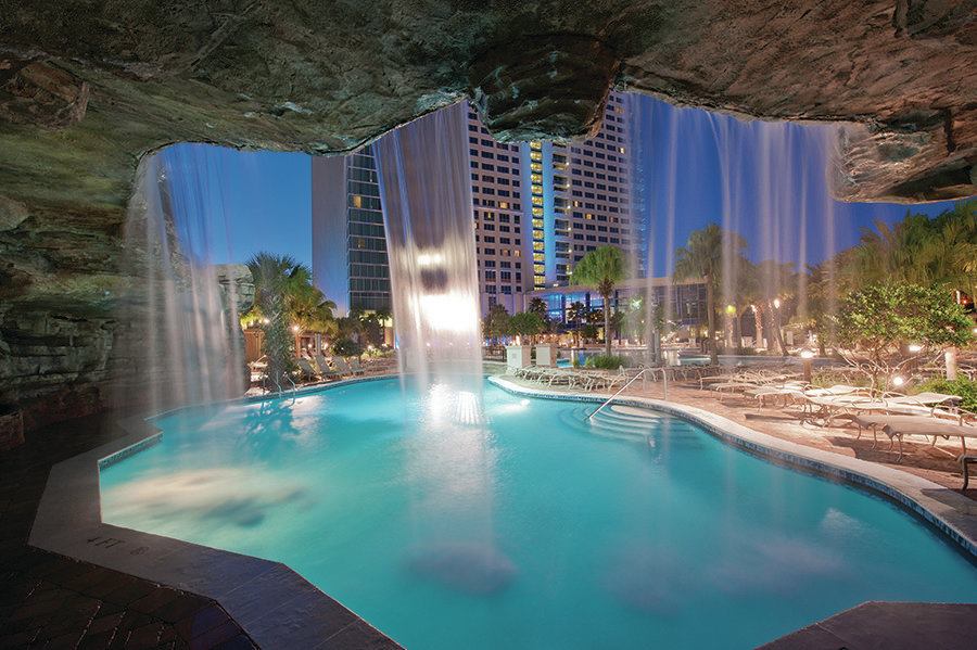 Say the designers: “The Hyatt Regency Orlando is strategically located in the heart of Orlando’s convention and attractions area.  The centerpiece resort pool area was designed as a relaxing and fun escape for the many business and leisure travelers the hotel attracts.”