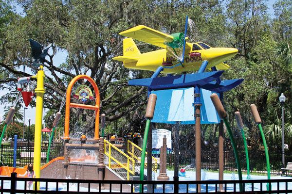 Completed in 2009, the

Wooten Park spraypark project was custom designed by Rain Drop

Products, which came up with a completely sea plane-focused design,

customized to match the theme of the city of Tavares, Fla.,

“America’s Seaplane City.” The central element in

the spraypark is the Rain Plane feature, which has working lights

and propellers that turn to create the effect of splashing down in

the water.