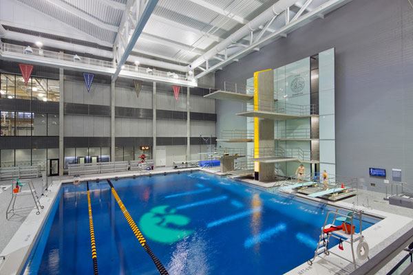 The 4,400 square foot dive pool is 17 feet deep. A gold “Tigerhawk,” the symbol of University of Iowa athletics, is inlaid on the bottom, and in addition to a full range of springboards and platforms it features a Sparger system for soft water landings. A dive spa with capacity

for 11 provides additional comfort for athletes.